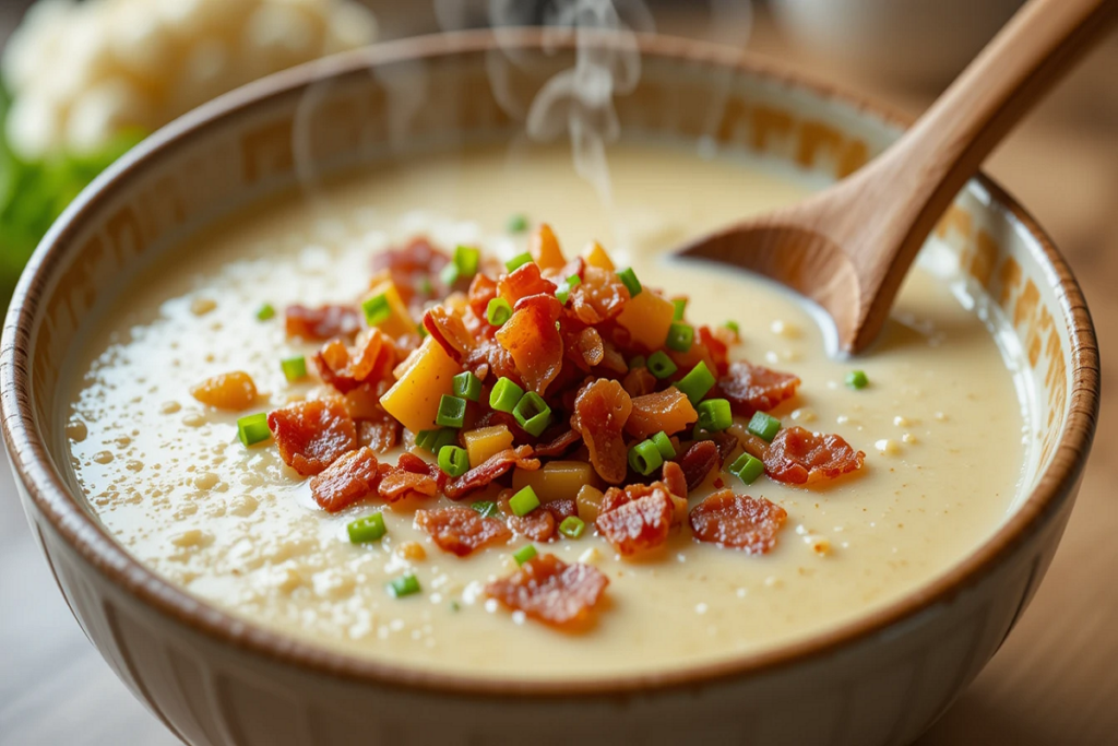 Sopa cremosa de couve-flor com bacon